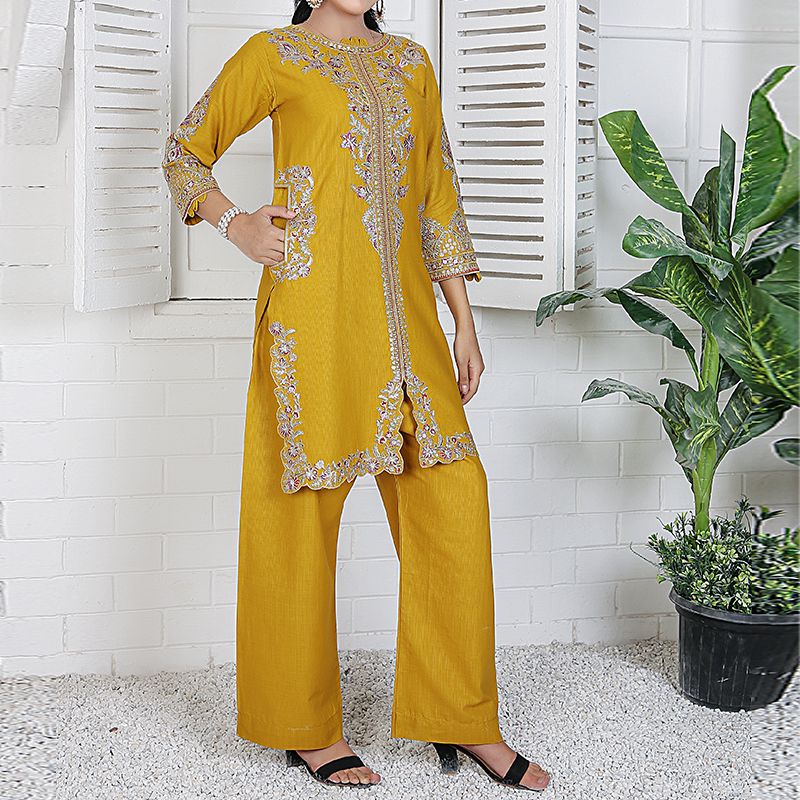2 Piece Kurti Salwar Embroidery Set - Pure Cotton Collection Stylish Solid Color Light Weight Cotton Fabric Suit Top Bottom Salwar Kameez Indian Pakistani Embroidered Suit For Event Party Outdoor Dress - Golden - Shop N Save
