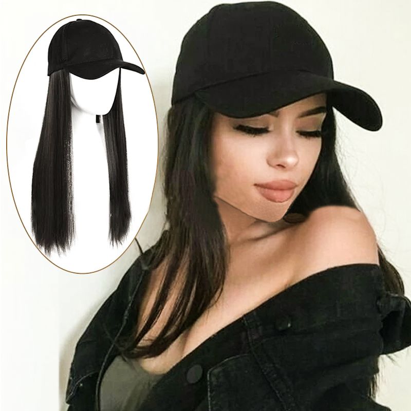 Cross-border summer hat wig for women all-in-one black long straight hair European and American new simulation long hair.