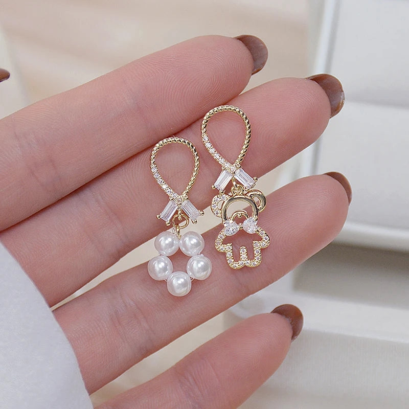 Cute Bear Earrings: 14K Gold, Pearl Crystal Studs for Women - Shop N Save