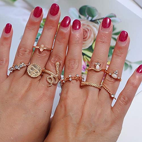 Gold Snake Ring Set - Boho Rhinestone Stackable Vintage Rings - Shop N Save