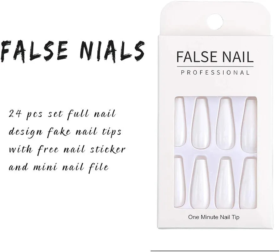 Zoestar White Coffin Press-on Nails: 24 Glossy Acrylic Long False Nails - Shop N Save