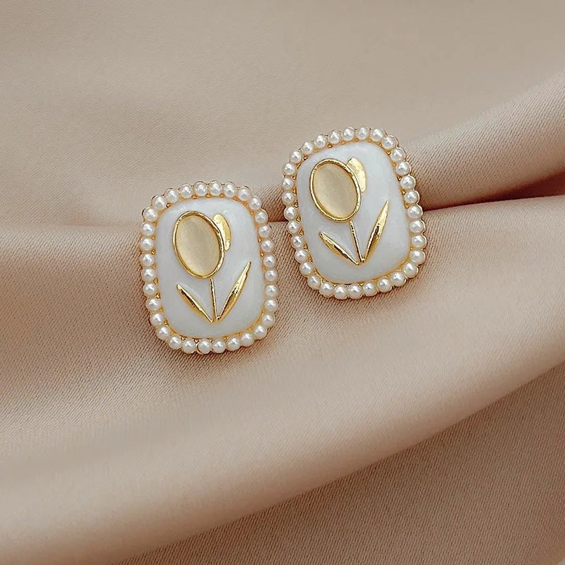 Korean Fashion Earrings: White Glaze Tulip Studs, Geometric Design - Shop N Save