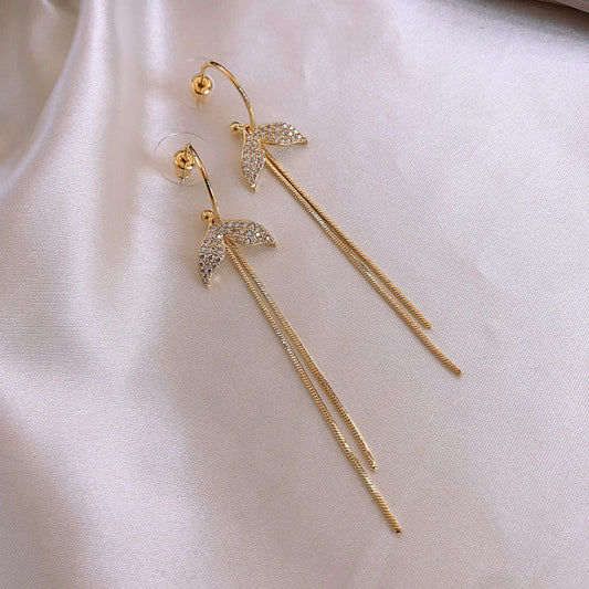 Ladies Rhinestone Fish Tail Tassel Earrings - Golden - Shop N Save