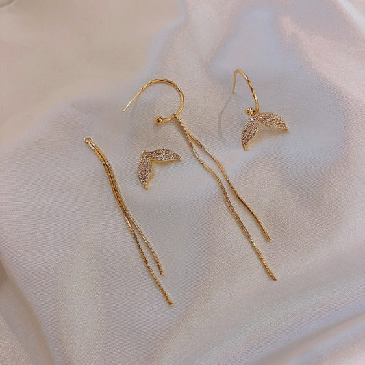 Ladies Rhinestone Fish Tail Tassel Earrings - Golden - Shop N Save