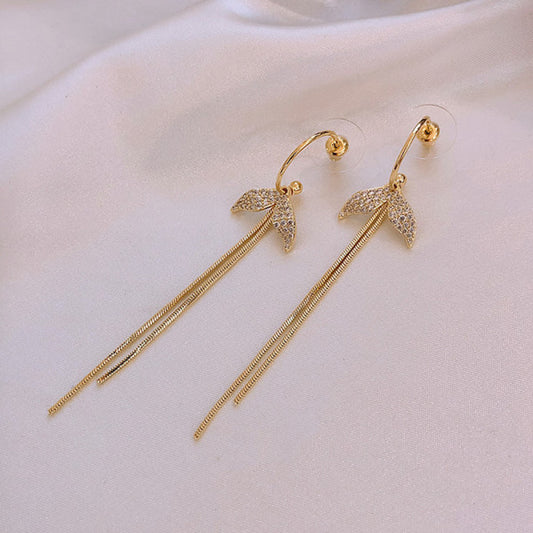 Ladies Rhinestone Fish Tail Tassel Earrings - Golden - Shop N Save