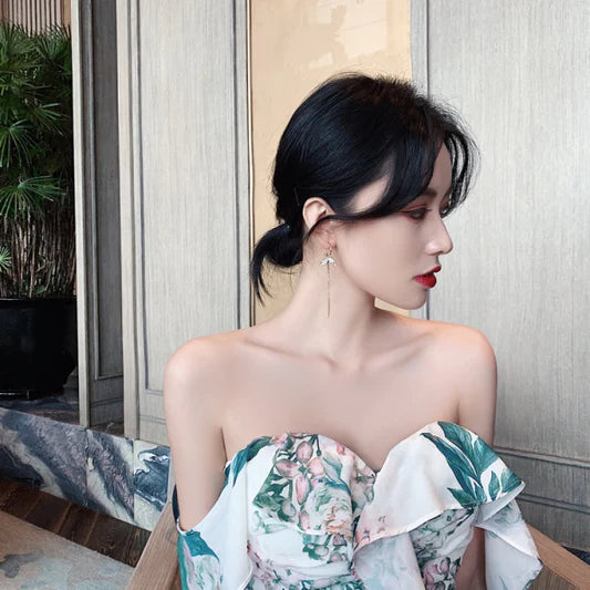 Ladies Rhinestone Fish Tail Tassel Earrings - Golden - Shop N Save