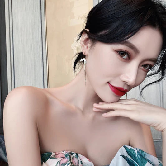 Ladies Rhinestone Fish Tail Tassel Earrings - Golden - Shop N Save