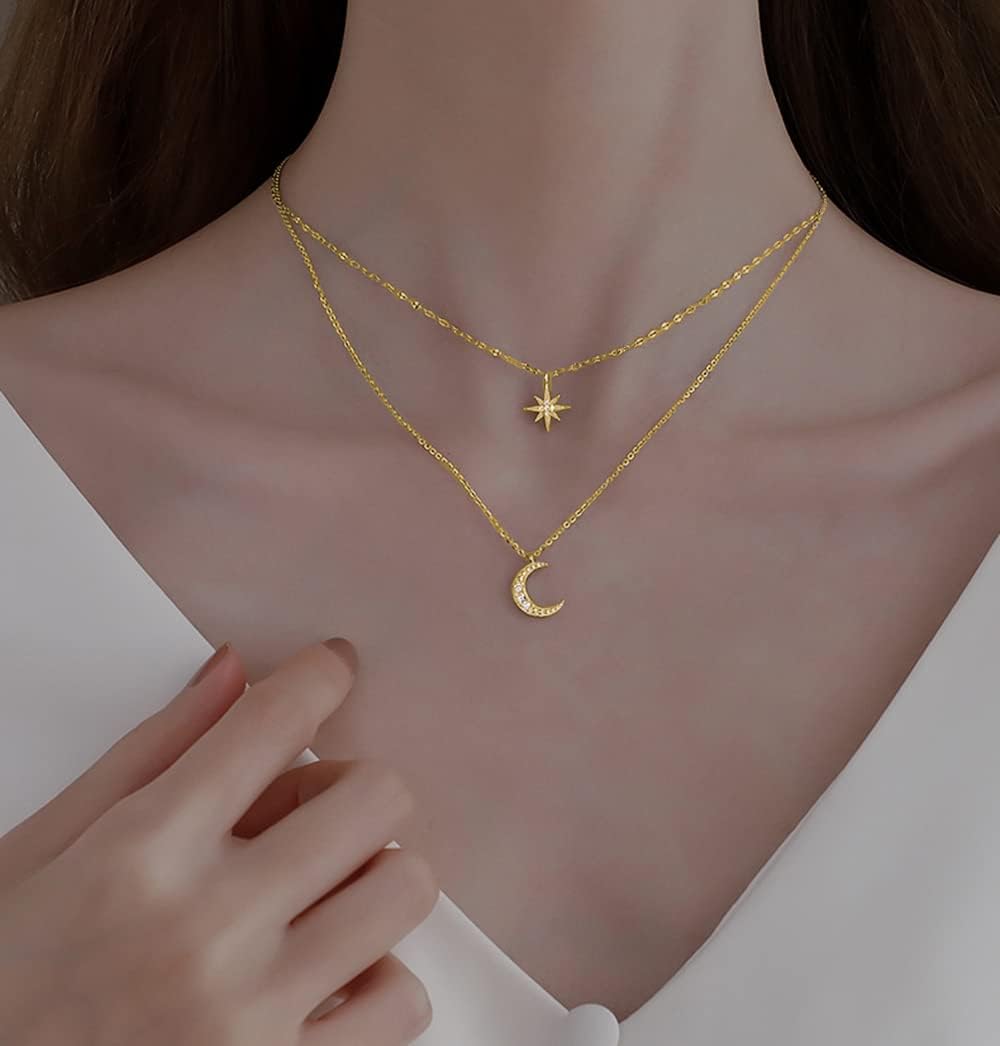 Sterling Golden Star Moon Choker: Layered Necklace for Women & Teens - Shop N Save