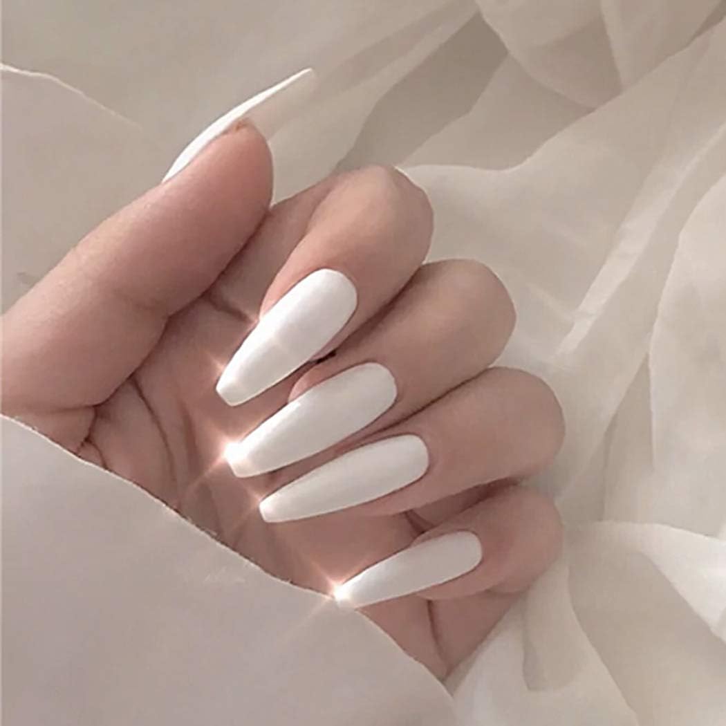Zoestar White Coffin Press-on Nails: 24 Glossy Acrylic Long False Nails - Shop N Save