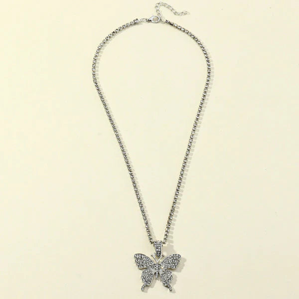 Woman Rhinestone Butterfly Necklace - Silver - Shop N Save