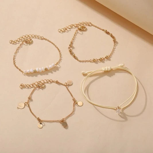 Girls Metal Heart And Pearl Bracelet Set 4 Pieces - Golden - Shop N Save