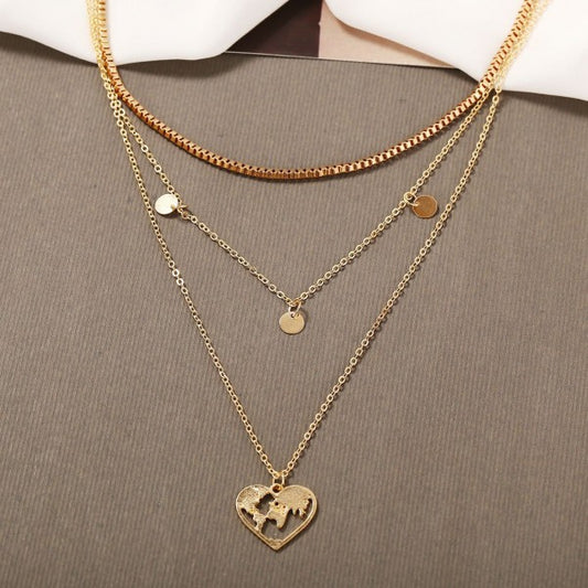 Girl Heart Map Alloy Multi Layer Fashion Necklace - Golden - Shop N Save