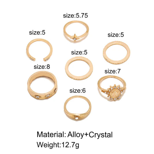 Women Retro Crystal Alloy Ring Set 7 Pieces - Golden - Shop N Save