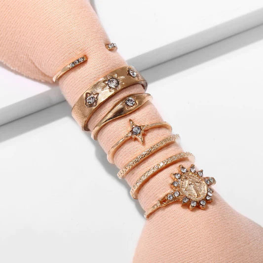 Women Retro Crystal Alloy Ring Set 7 Pieces - Golden - Shop N Save