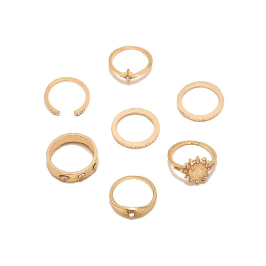 Women Retro Crystal Alloy Ring Set 7 Pieces - Golden - Shop N Save