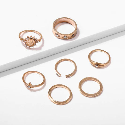 Women Retro Crystal Alloy Ring Set 7 Pieces - Golden - Shop N Save