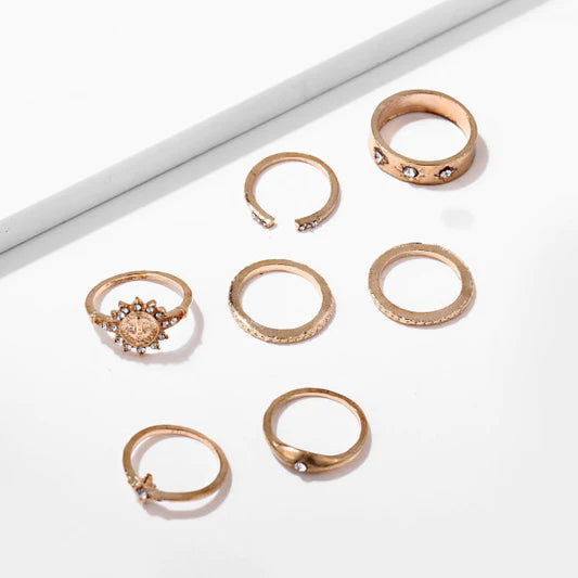 Women Retro Crystal Alloy Ring Set 7 Pieces - Golden - Shop N Save