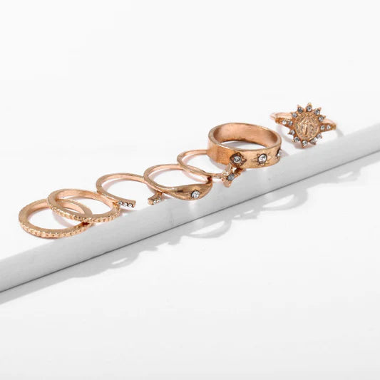 Women Retro Crystal Alloy Ring Set 7 Pieces - Golden - Shop N Save