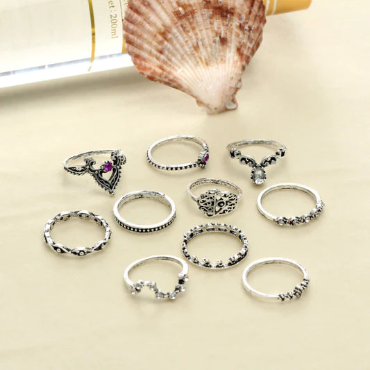 Ladies Fashion Alloy Acrylic Ring Set 8 Pieces - Black Silver - Shop N Save