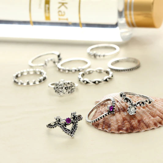 Ladies Fashion Alloy Acrylic Ring Set 8 Pieces - Black Silver - Shop N Save