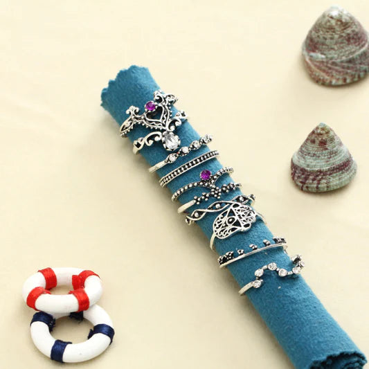 Ladies Fashion Alloy Acrylic Ring Set 8 Pieces - Black Silver - Shop N Save