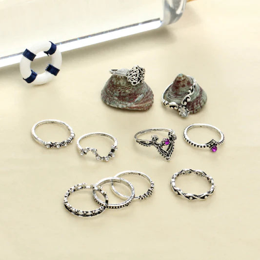 Ladies Fashion Alloy Acrylic Ring Set 8 Pieces - Black Silver - Shop N Save