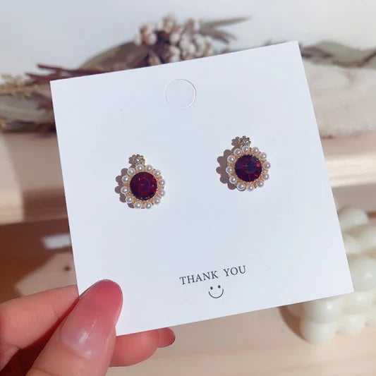 Girls Retro Crystal Pearl Round Wild Earrings - Red - Shop N Save