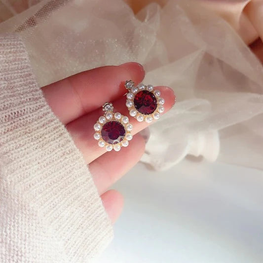 Girls Retro Crystal Pearl Round Wild Earrings - Red - Shop N Save