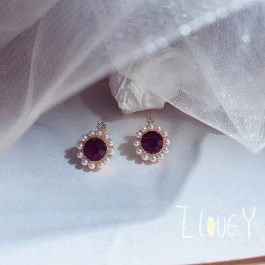 Girls Retro Crystal Pearl Round Wild Earrings - Red - Shop N Save