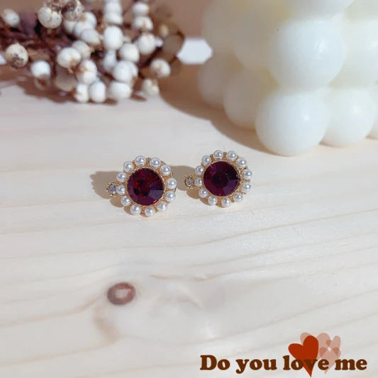 Girls Retro Crystal Pearl Round Wild Earrings - Red - Shop N Save