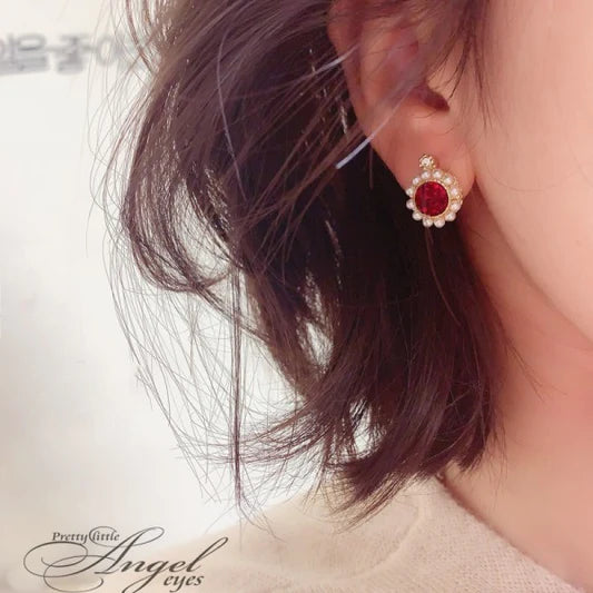 Girls Retro Crystal Pearl Round Wild Earrings - Red - Shop N Save