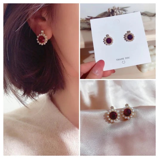 Girls Retro Crystal Pearl Round Wild Earrings - Red - Shop N Save