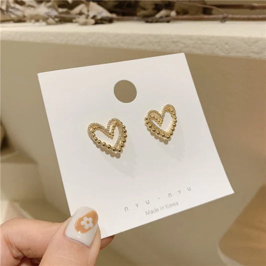 Rhinestone Heart Simple Girl's Earrings - Golden - Shop N Save
