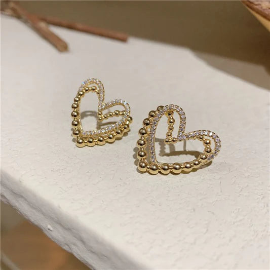 Rhinestone Heart Simple Girl's Earrings - Golden - Shop N Save