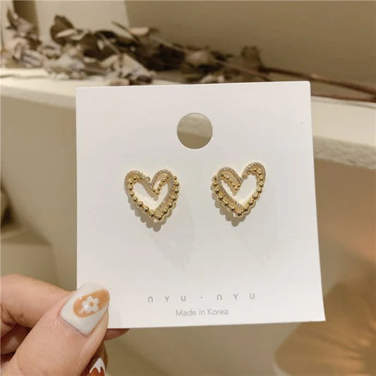 Rhinestone Heart Simple Girl's Earrings - Golden - Shop N Save