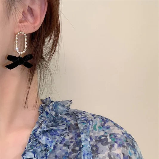 Ladies Rhinestone Bow Earrings - Black Gold - Shop N Save