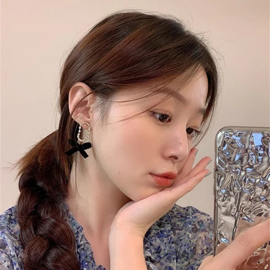 Ladies Rhinestone Bow Earrings - Black Gold - Shop N Save