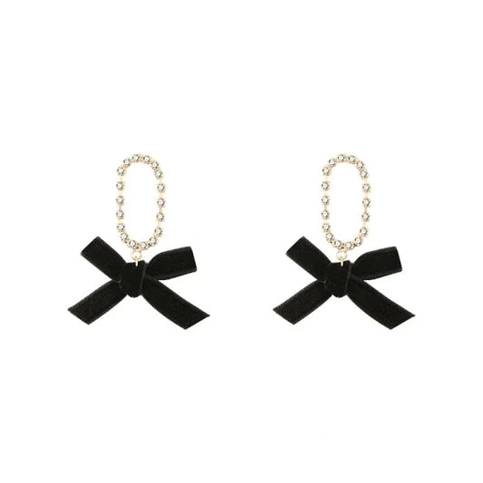 Ladies Rhinestone Bow Earrings - Black Gold - Shop N Save