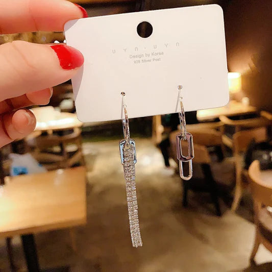 Ladies Fashion Asymmetry Rhinestone Long Earrings - Silver - Shop N Save