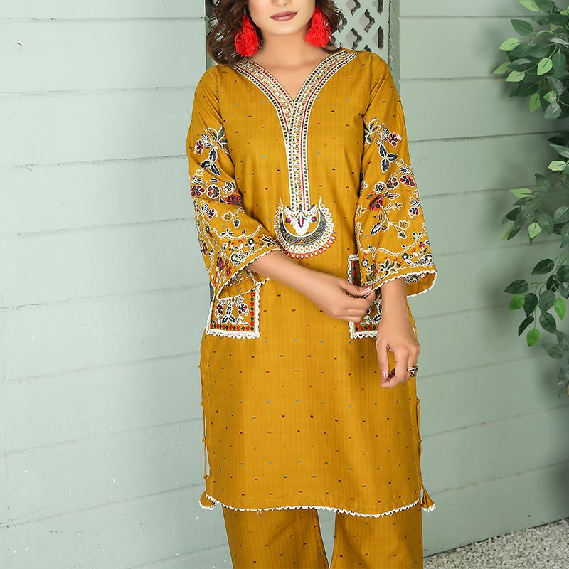 2 Piece Kurti Salwar Embroidery Set - Pure Cotton Collection Stylish Solid Color Light Weight Cotton Fabric Suit Top Bottom Salwar Kameez Indian Pakistani Embroidered Suit For Event Party Outdoor Dress - Golden - Shop N Save