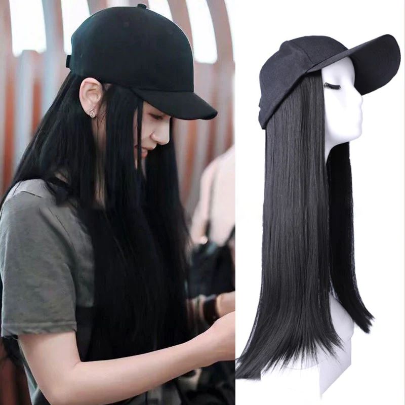 Cross-border summer hat wig for women all-in-one black long straight hair European and American new simulation long hair.