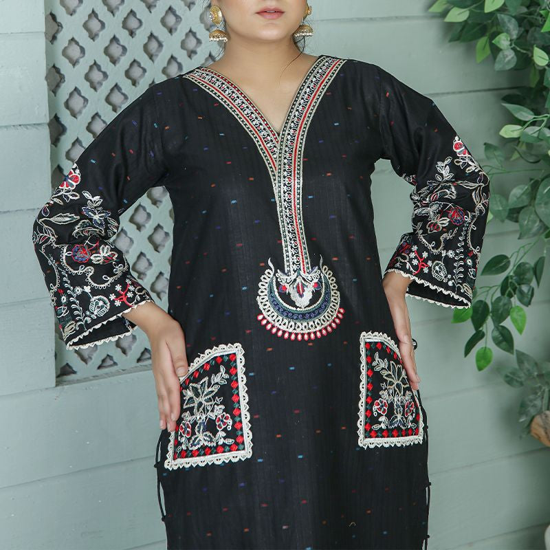 2 Piece Kurti Salwar Embroidery Set - Pure Cotton Collection Stylish Solid Color Light Weight Cotton Fabric Suit Top Bottom Salwar Kameez Indian Pakistani Embroidered Suit For Event Party Outdoor Dress - Black - Shop N Save