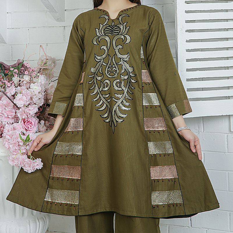 2 Piece Kurti Salwar Embroidery Set - Pure Cotton Collection Stylish Solid Color Light Weight Cotton Fabric Suit Top Bottom Salwar Kameez Indian Pakistani Embroidered Suit For Event Party Outdoor Dress - Dark Green - Shop N Save