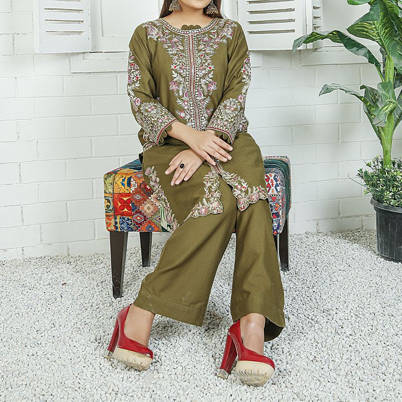 2 Piece Kurti Salwar Embroidery Set - Pure Cotton Collection Stylish Solid Color Light Weight Cotton Fabric Suit Top Bottom Salwar Kameez Indian Pakistani Embroidered Suit For Event Party Outdoor Dress - Dark Green - Shop N Save