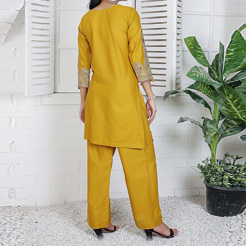 2 Piece Kurti Salwar Embroidery Set - Pure Cotton Collection Stylish Solid Color Light Weight Cotton Fabric Suit Top Bottom Salwar Kameez Indian Pakistani Embroidered Suit For Event Party Outdoor Dress - Golden - Shop N Save