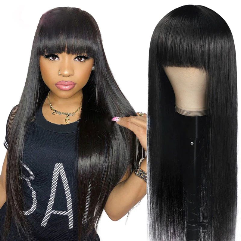 Africa full bangs black long straight hair wig headgear for women