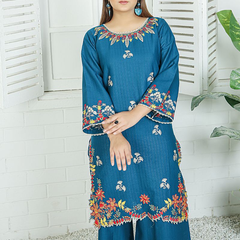 2 Piece Kurti Salwar Embroidery Set - Pure Cotton Collection Stylish Solid Color Light Weight Cotton Fabric Suit Top Bottom Salwar Kameez Indian Pakistani Embroidered Suit For Event Party Outdoor Dress - Dark Blue - Shop N Save