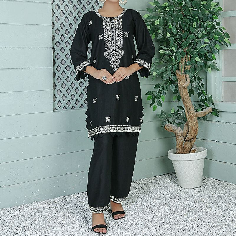 2 Piece Kurti Salwar Embroidery Set - Pure Cotton Collection Stylish Solid Color Light Weight Cotton Fabric Suit Top Bottom Salwar Kameez Indian Pakistani Embroidered Suit For Event Party Outdoor Dress - Black - Shop N Save