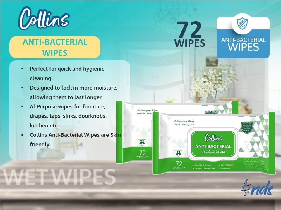 Collins Anti-Bacterial Wipes - 72 Sheets Per Pack, 2+2 Promo Pack (Total 288 Pieces) | Ultra Thick & Soft | Kills 99.9% Germs | Refreshing & Scented Cleaning Wipes