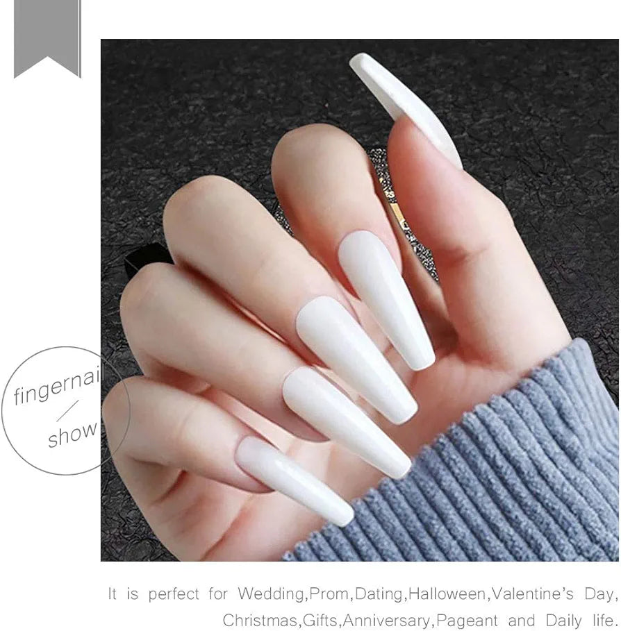 Zoestar White Coffin Press-on Nails: 24 Glossy Acrylic Long False Nails - Shop N Save